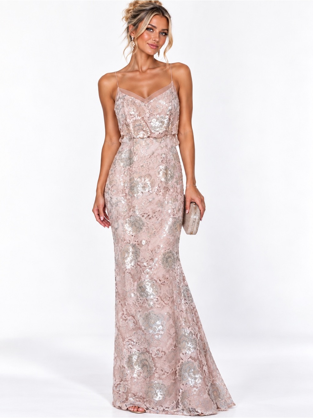 Adrianna Papell Blush Silver Sequin Lace Formal Evening Gown Size 4